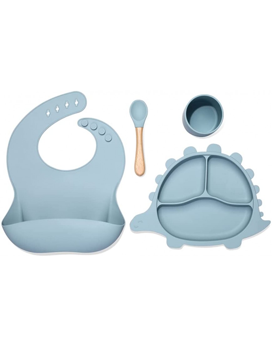 HongHong Silicone Baby Feeding Set Bib Dinosaur Shape Plate for with Suction Drinking Cup and Led Weaning Spoon Toddler Self Training Eating Dishes Supplies Dusty Blue 25*30*5cm SF002 - BEFMI9G8M
