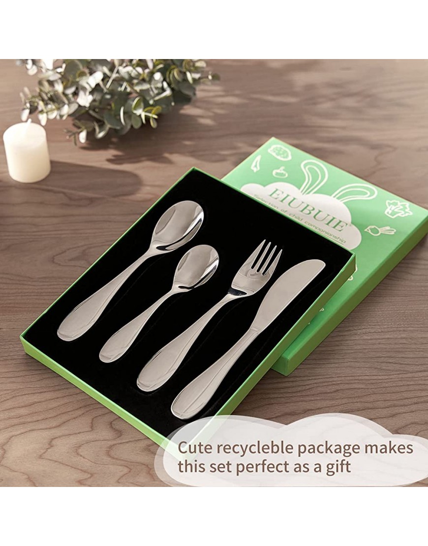 Kids Silverware Set EIUBUIE18 10 Stainless Steel Metal Toddler Utensils Safe Reusable Child Cutlery Flatware Includes Fork Knife Table Spoons for Eating4 Piece Mirror Polished - BURWTY87O