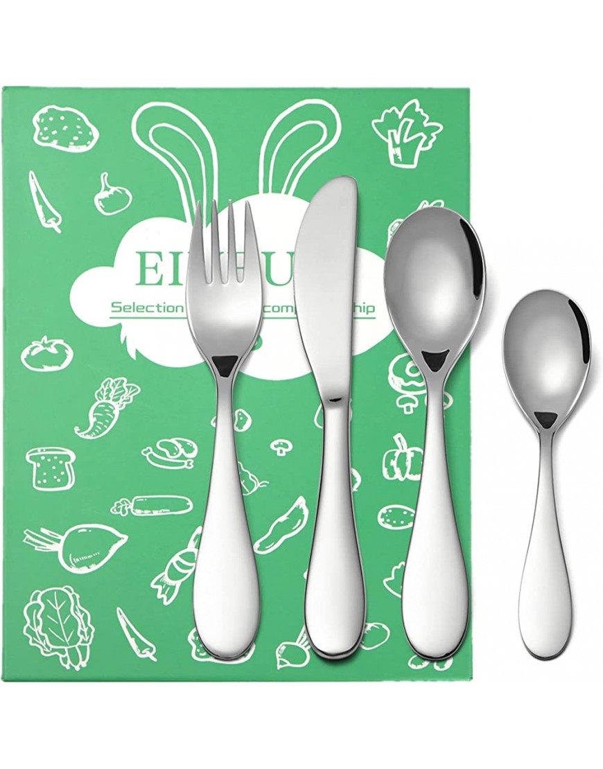 Kids Silverware Set EIUBUIE18 10 Stainless Steel Metal Toddler Utensils Safe Reusable Child Cutlery Flatware Includes Fork Knife Table Spoons for Eating4 Piece Mirror Polished - BURWTY87O