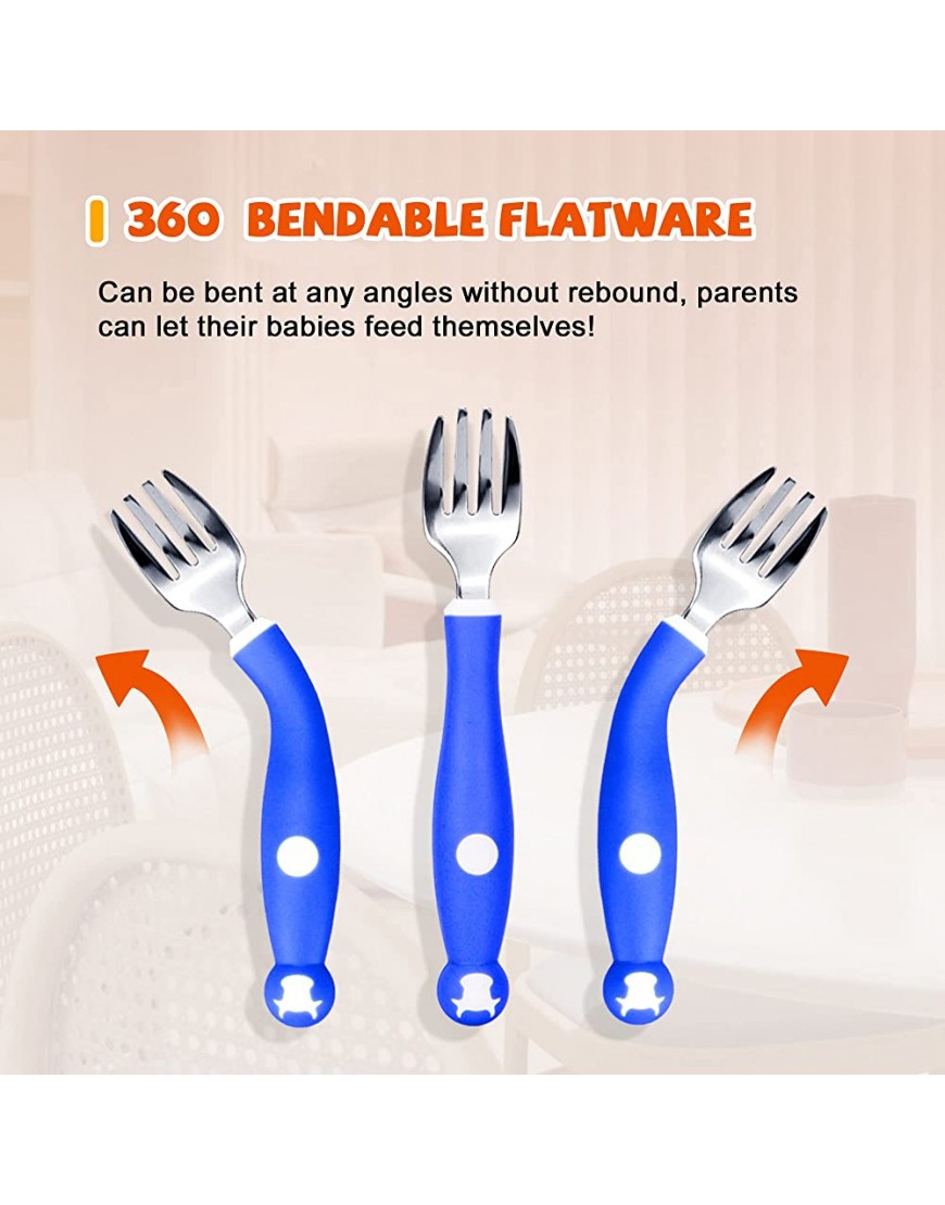 Kiuimi 316 Stainless Steel Baby Utensils Spoons Forks 2 Sets Easy Grip Silicone Handle Feeding Training Spoon and Fork for 6 Months+ 360° Bendable Flatware Sets for Toddler Blue - B74ONBAQK