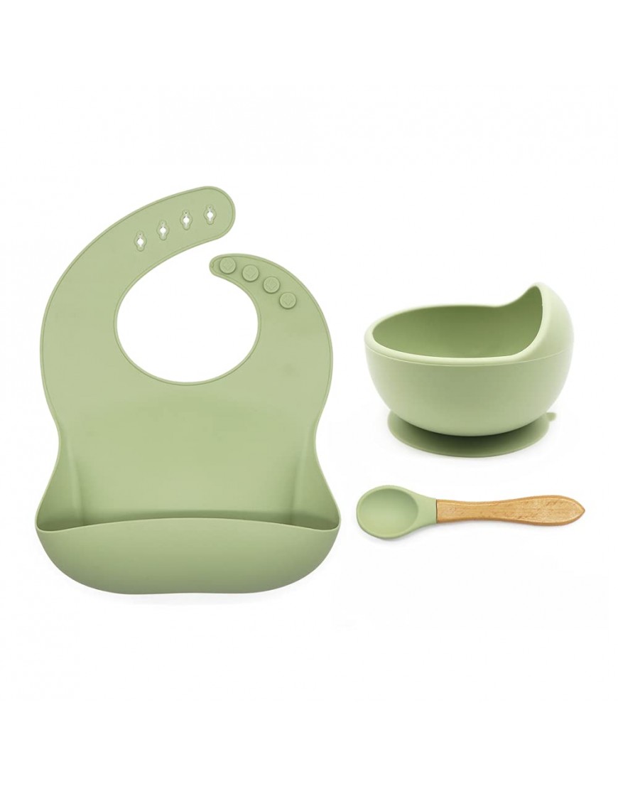 Mechew Baby Feeding Set Suction Bowl Silicone Bibs Wooden Spoon Newborn Toddler Washable Feeding Supplies Dishes for KidsOlive One Size US-BB005-SB001 - BAZTVHGRD