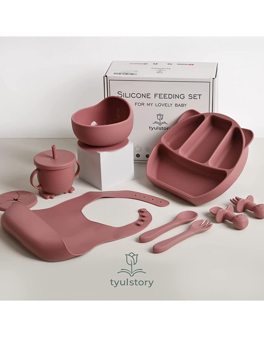 Pink Baby feeding set – Baby Feeding Supplies Set with Bib Sippy Cup First stage toddler utensils Suction Bowl Divided Plate Baby Spoon and Fork – Food-Grade Silicone Baby Led Weaning Supplies - BFN6COQSR