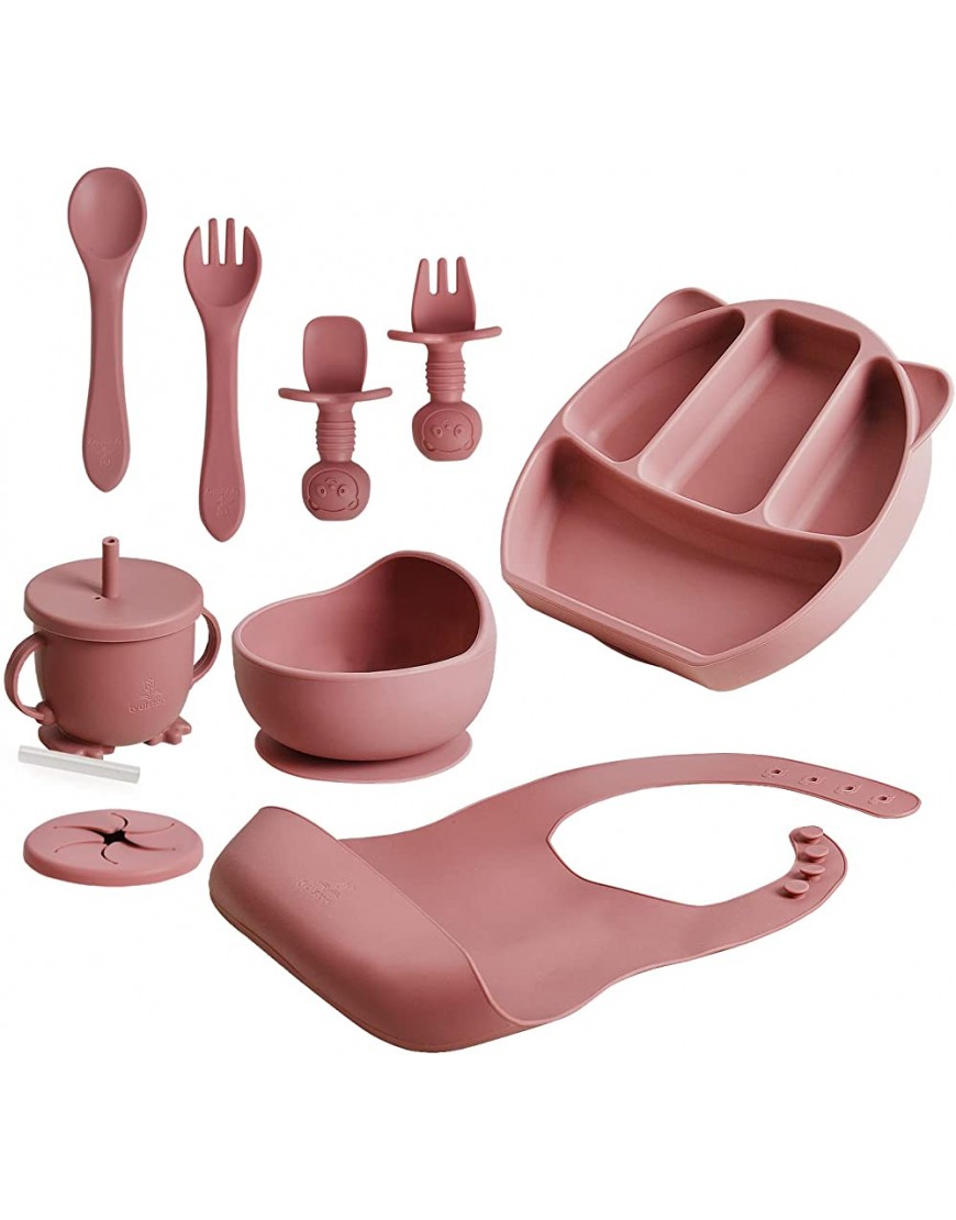 Pink Baby feeding set – Baby Feeding Supplies Set with Bib Sippy Cup First stage toddler utensils Suction Bowl Divided Plate Baby Spoon and Fork – Food-Grade Silicone Baby Led Weaning Supplies - BFN6COQSR