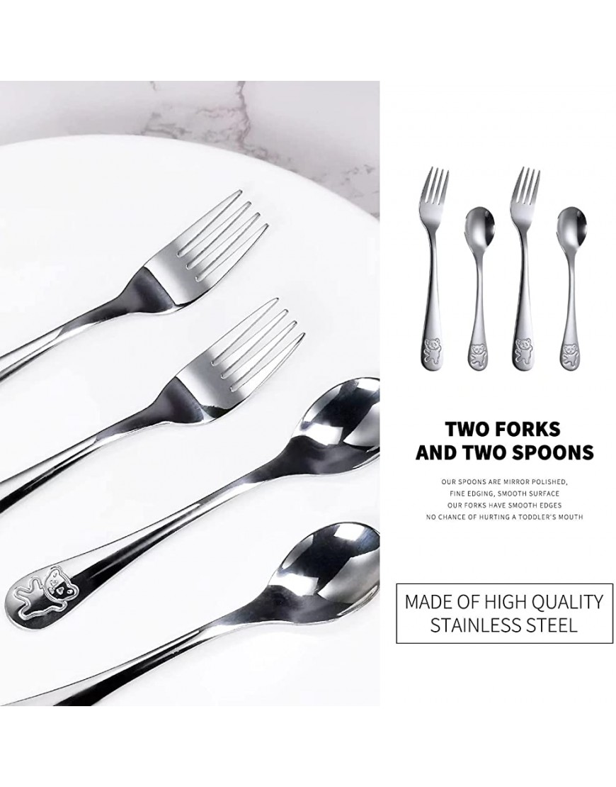 Toddler Utensils,Stainless Steel Kids Silverware,4 Pieces Toddler Forks and Spoons Flatware Set 2 x Forks 2 x Children Tablespoons,Kids Cutlery Set for Home,Kitchen Carved Bear - BEHU2MEG1