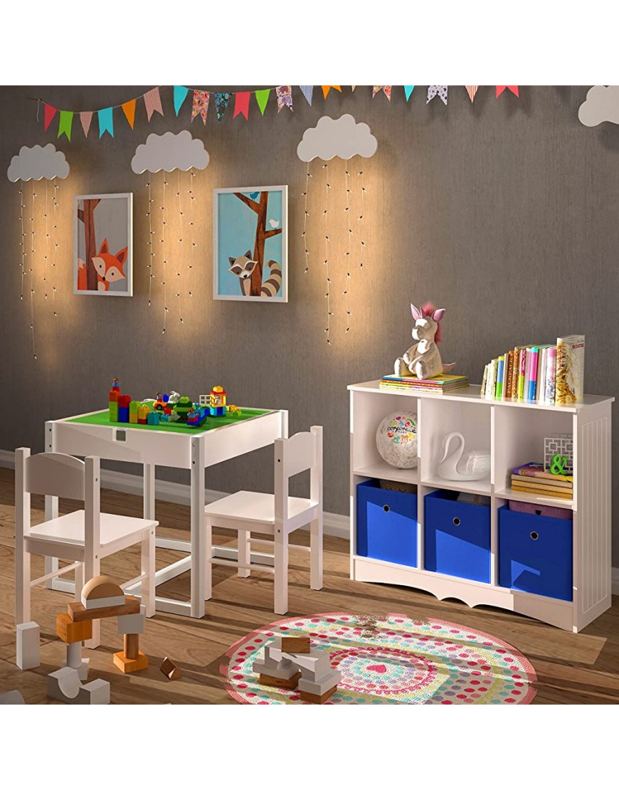 4NM 2 in 1 Kids Activity Table and 2 Chairs Set with Hidden Storage Compartment Wood Play Building Block Table for Toddlers Children White - BKILAX0T1