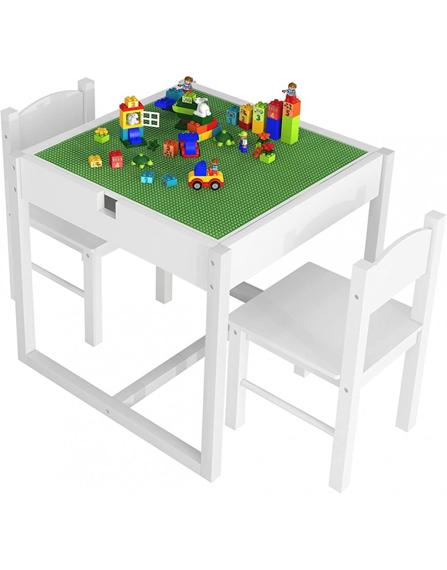 4NM 2 in 1 Kids Activity Table and 2 Chairs Set with Hidden Storage Compartment Wood Play Building Block Table for Toddlers Children White - BKILAX0T1