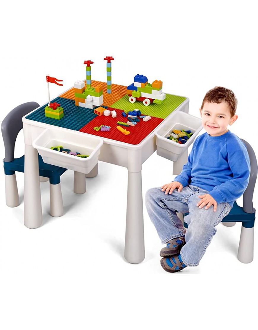 7-in-1 Multi Kids Activity Table Set and 2 Chairs 360 Pieces Building Blocks Compatible Bricks Toy Lego Play Table with Storage Safe ABS Material for Boys Girls - BFKRWCYII