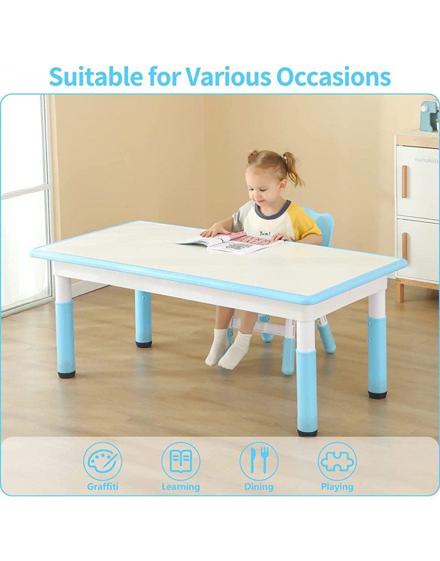 CuFun Kids Table and 4 Chairs Set Children Study Table and Dining Table Toddler Daycare Table and Chairs Set Height Adjustable Graffiti Table for Ages 2-10 Light Blue - BYOCA5VJC