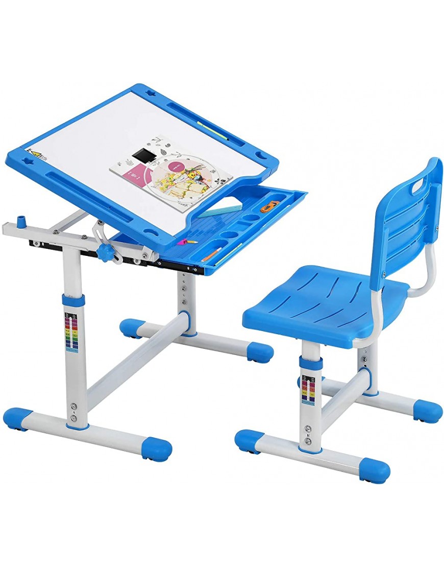 FDW Height Adjustable Multifunctional Children's Study Desk Table Chair Set with Drawer for Kids Blue - B79Y708QF