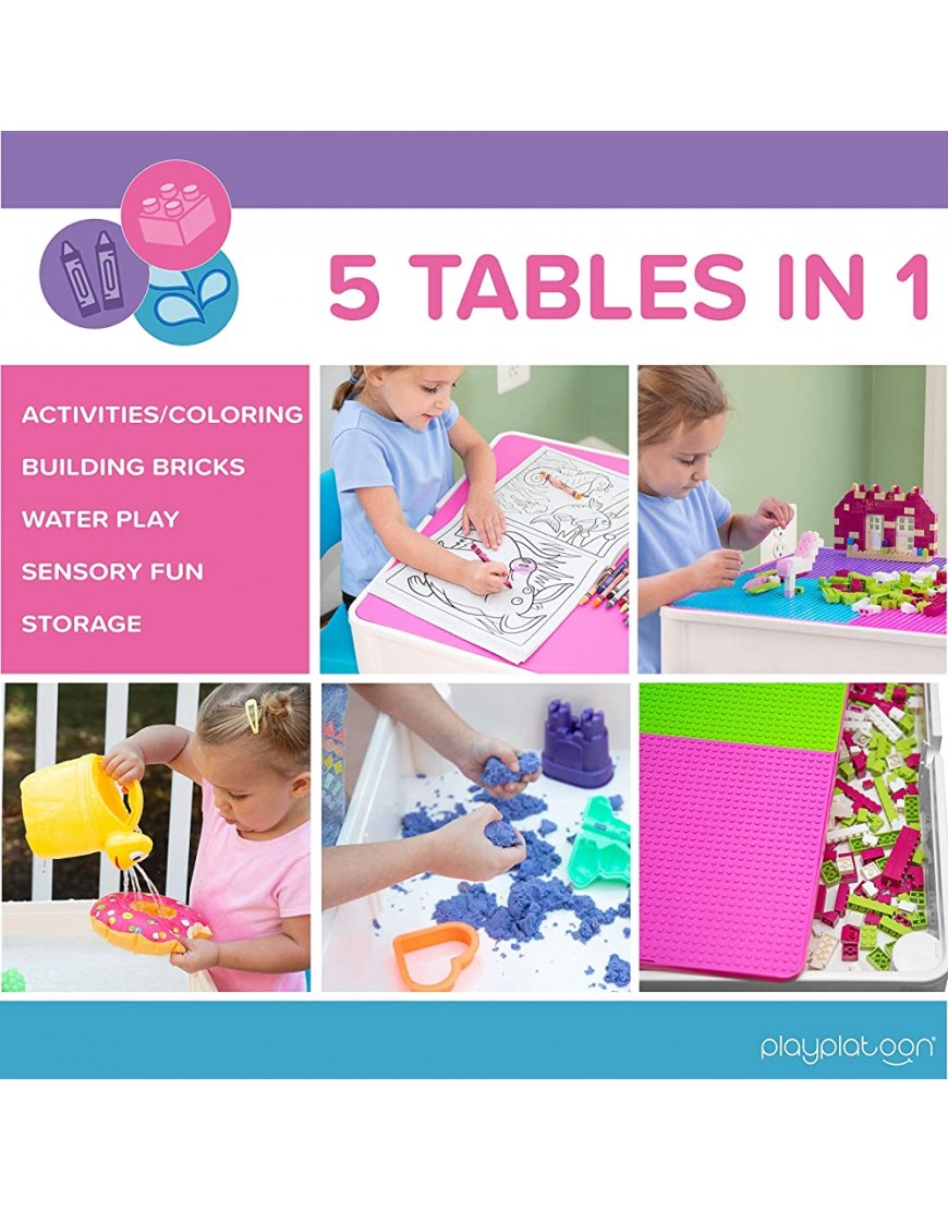 Kids Activity Table Set 5 in 1 Water Table Building Block Table Craft Table and Sensory Table with Storage Includes 2 Chairs and 25 Ex-Large Blocks – Pastel Colors - BCWY3YJ0T