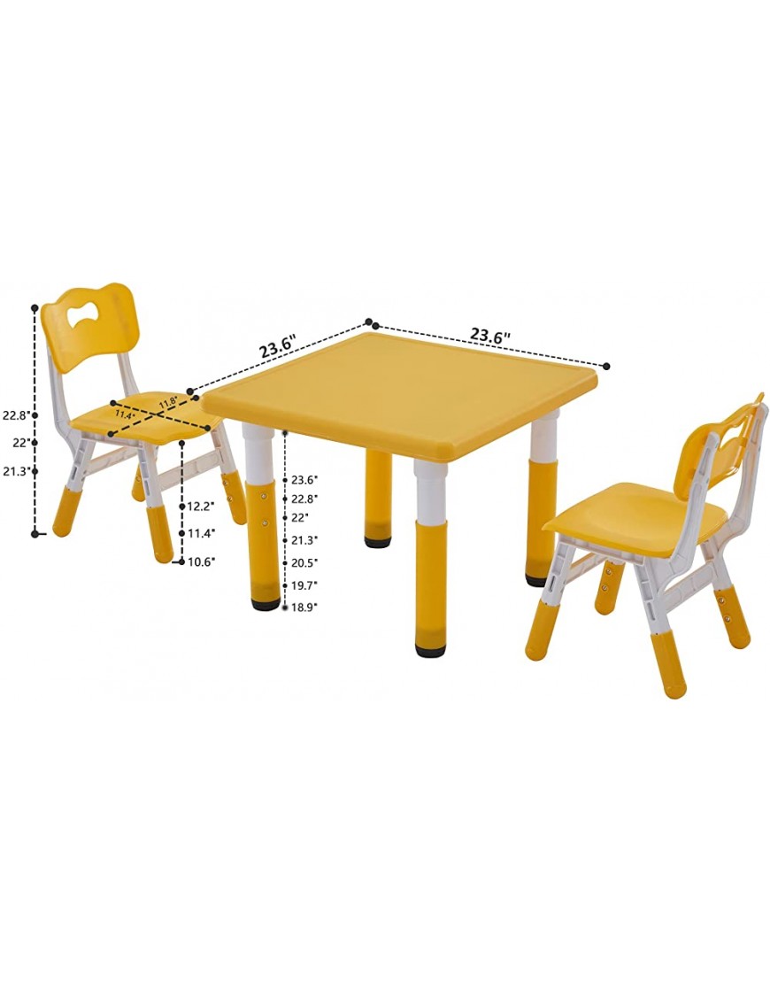 Kids Table and Chairs Set for 2 Doreroom 23.6''L x 23.6''W Kids Study Table and Chair Set Height-Adjustable Child's Square Play Activity Table for Daycare Classroom Home Yellow - B8X2SB31T
