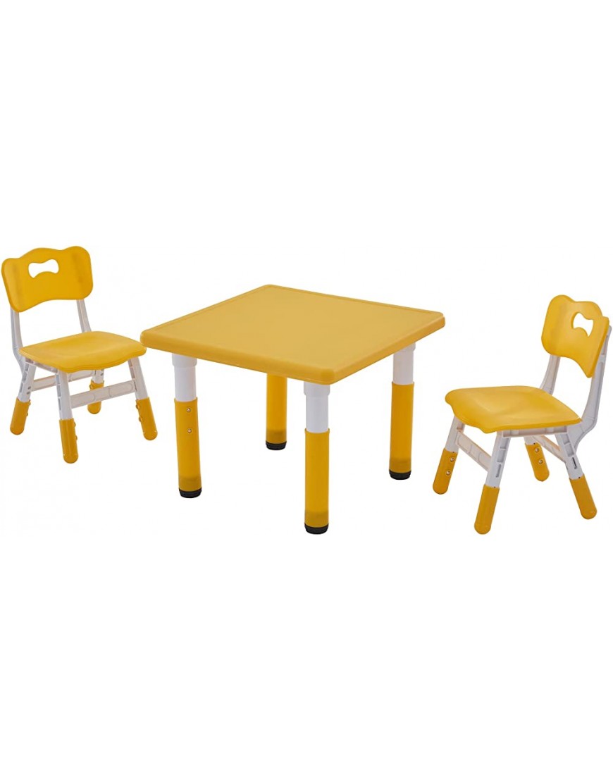 Kids Table and Chairs Set for 2 Doreroom 23.6''L x 23.6''W Kids Study Table and Chair Set Height-Adjustable Child's Square Play Activity Table for Daycare Classroom Home Yellow - B8X2SB31T