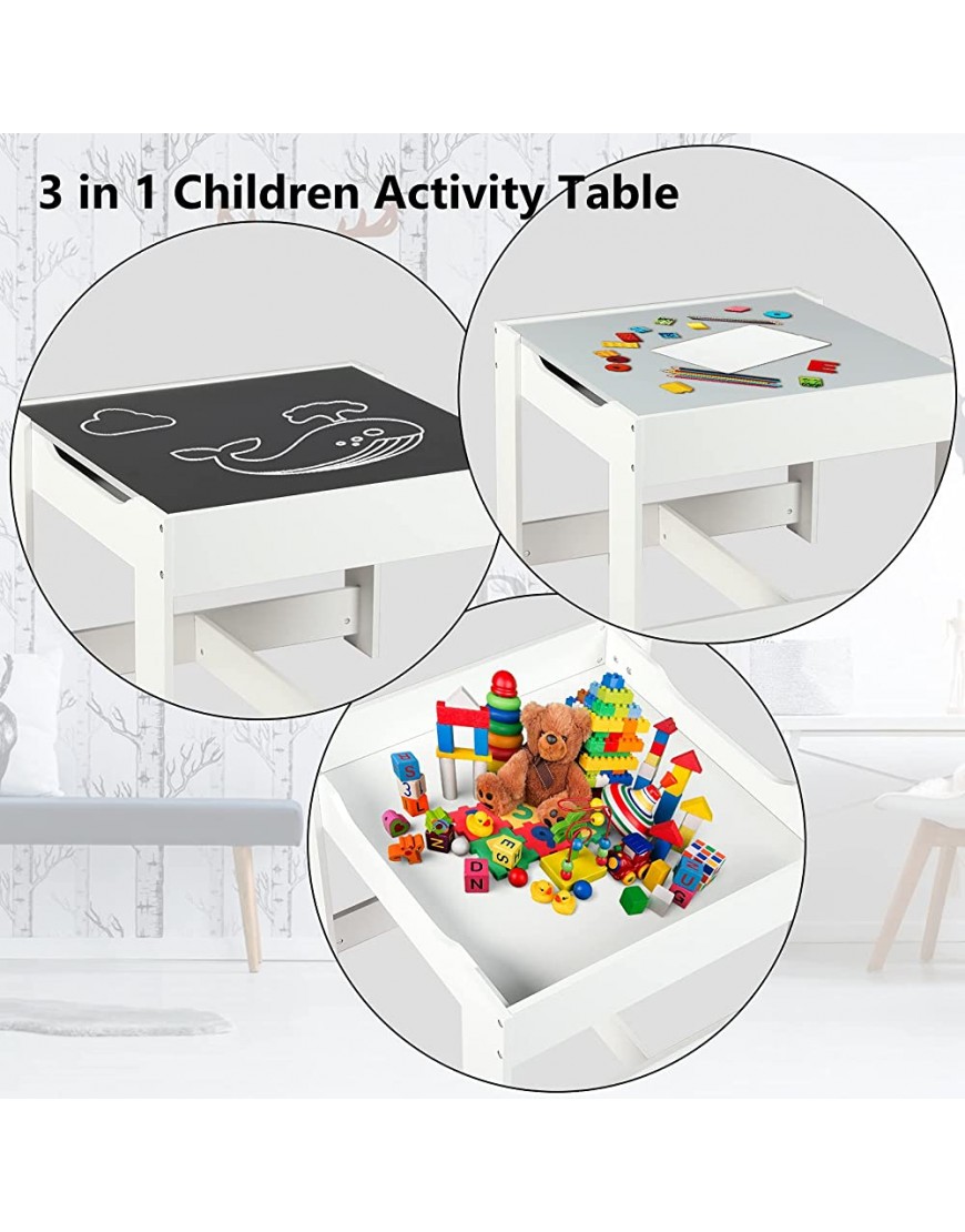 Kinder King Kids Wood Table & 2 Chairs Set 3 in 1 Children Activity Table w Storage Removable Tabletop Blackboard 3-Piece Toddler Furniture Set for Art Crafts Drawing Reading Playroom Grey - BBZWILTX9