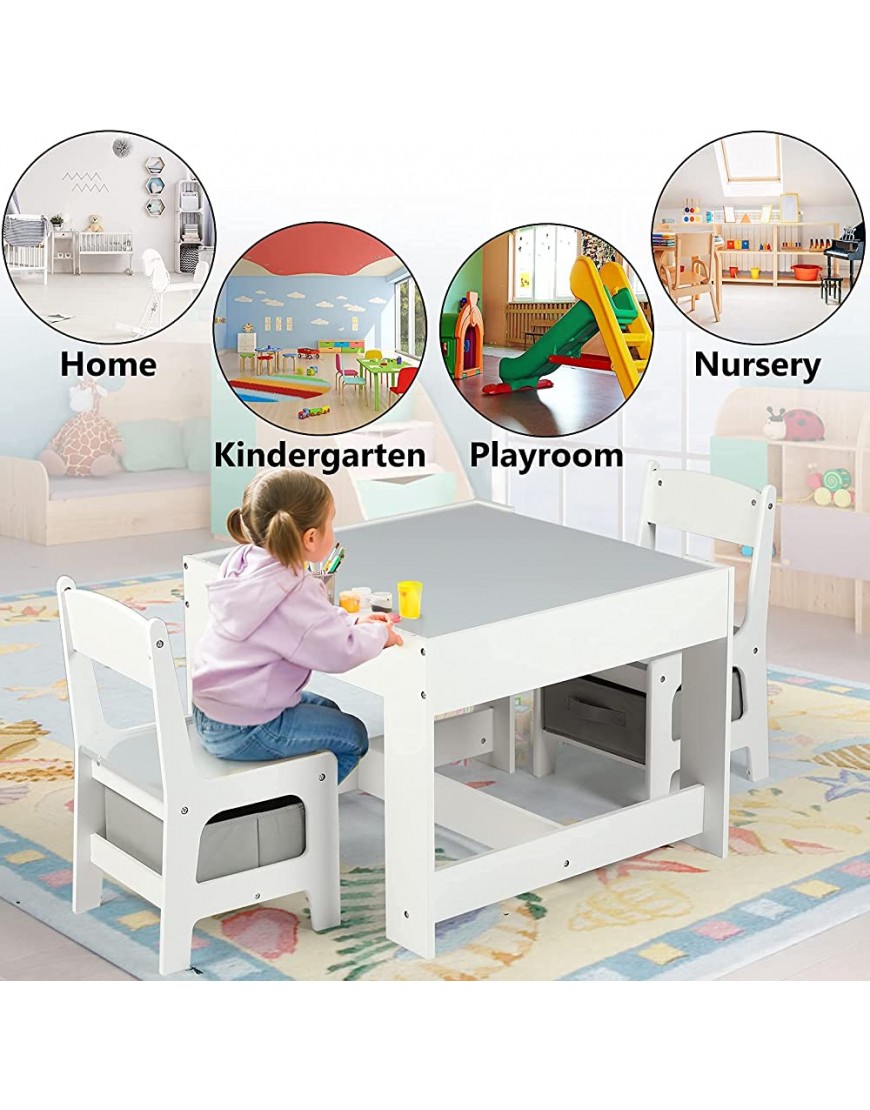 Kinder King Kids Wood Table & 2 Chairs Set 3 in 1 Children Activity Table w Storage Removable Tabletop Blackboard 3-Piece Toddler Furniture Set for Art Crafts Drawing Reading Playroom Grey - BBZWILTX9