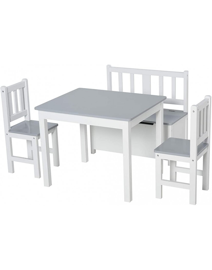 Qaba 4-Piece Kids Table Set with 2 Wooden Chairs 1 Storage Bench and Interesting Modern Design Grey White - BTMIR9T62