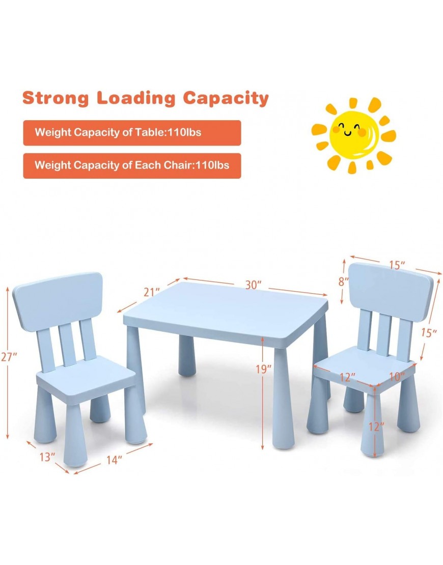 ReunionG 3PCS Kids Table and Chair Set Children Furniture Set for Homework Reading Arts Crafts Snack Time Lightweight Toddler Activity Table Set w 2 Ergonomic Chairs Easy to Clean Blue - BQJ15OFID
