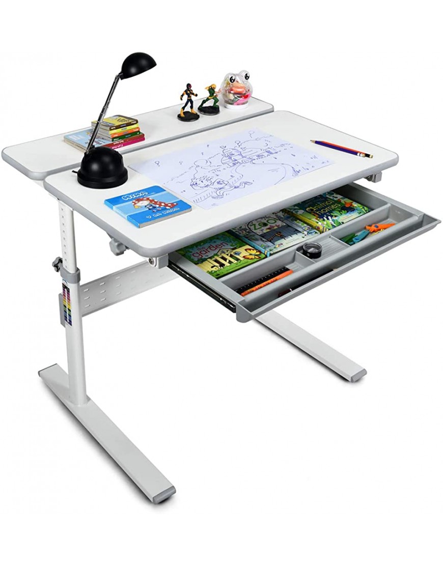 BABY JOY Kids Desk Height Adjustable Children Interactive Workstation with Storage Drawer Tilted Desktop Teens Study Table for Writing Reading and Drawing Gray - B15VB5GVP