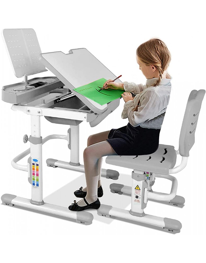 BELANITAS Desk for Kids Height Adjustable Kids Desk and Chair Set,Kids Writing Chair and Desk w Large Drawer Storage,60 Degree Tiltable Desktop Kids' Desk Set,Grey - BSJM06AWZ