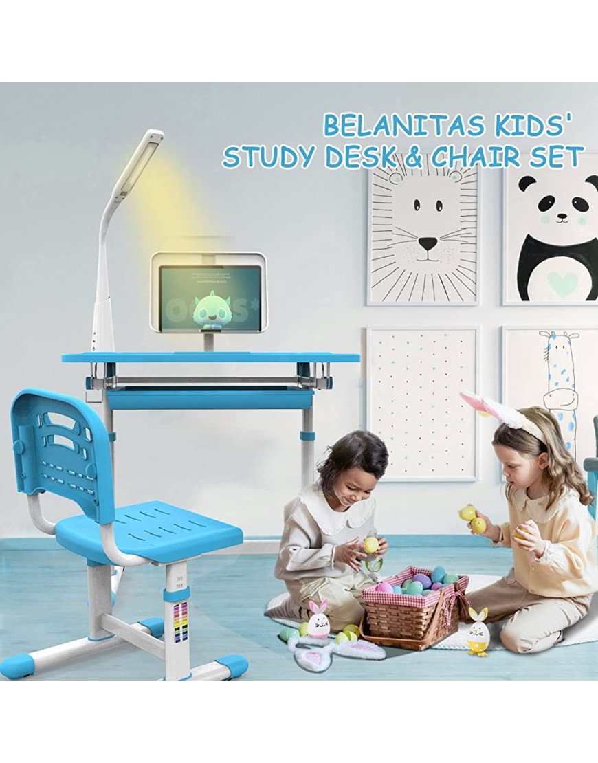 BELANITAS Kids Desk and Chair Set Height Adjustable Kids Writing Desk for Boys and Girls Kids Functional Desk for Learning w Multi-Mode Lighting Book Stand Large Drawer Cup Holder - B8IH7S0YT