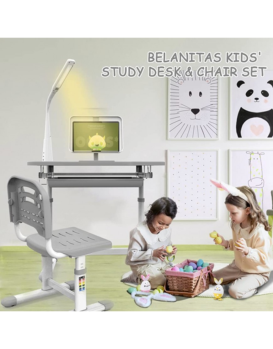 BELANITAS Kids Desk and Chair Set Height Adjustable Kids Writing Desk for Boys and Girls Kids Functional Desk for Learning w Multi-Mode Lighting Book Stand Large Drawer Cup Holder - BKIRIR6TK