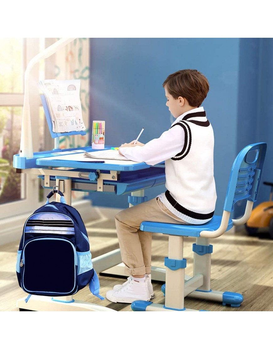Children Study Desk Kid Desk Boy and Girl Homework Desk and Chair Set Desk + Stool + Reading Rack + Led Light - BFX47O1Y6