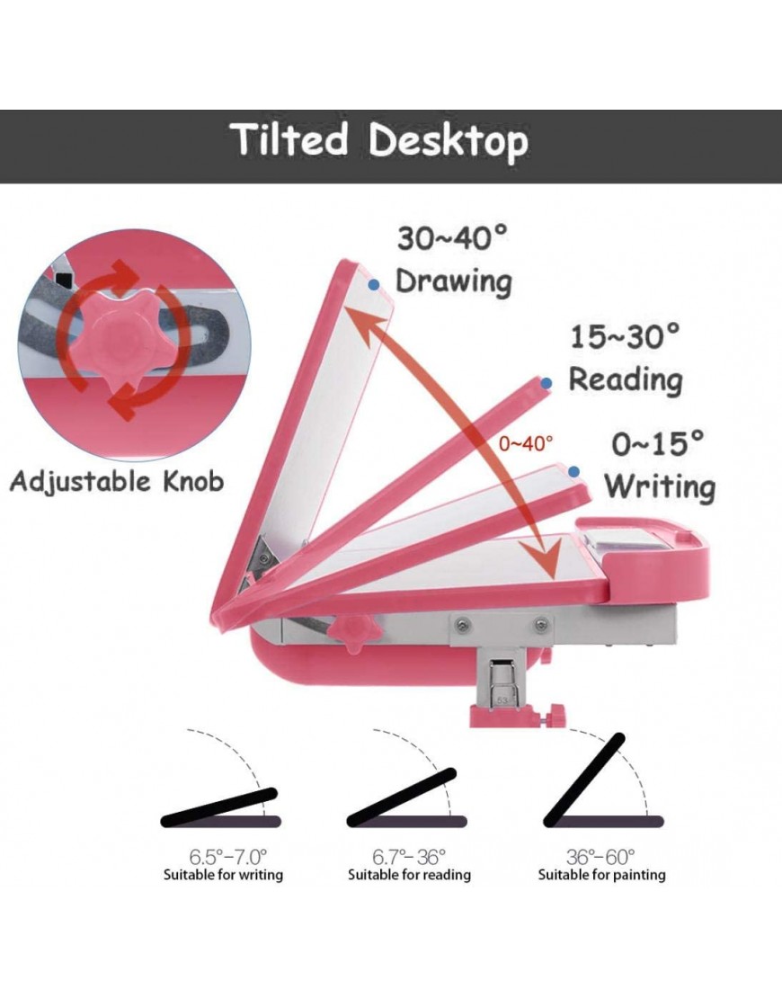 DD-upstep Kids Desk and Chair Set Height Adjustable Childs Study Desk and Chair Set Pull Out Drawer with Tilted Desktop | Children's Study Desk Table Chair Set for 3-15 Years Old Students Pink - BO45HMD0F