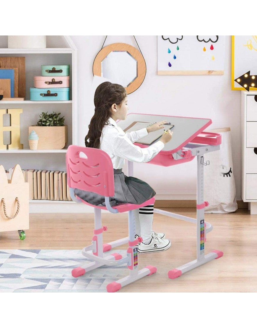 DD-upstep Kids Desk and Chair Set Height Adjustable Childs Study Desk and Chair Set Pull Out Drawer with Tilted Desktop | Children's Study Desk Table Chair Set for 3-15 Years Old Students Pink - BO45HMD0F