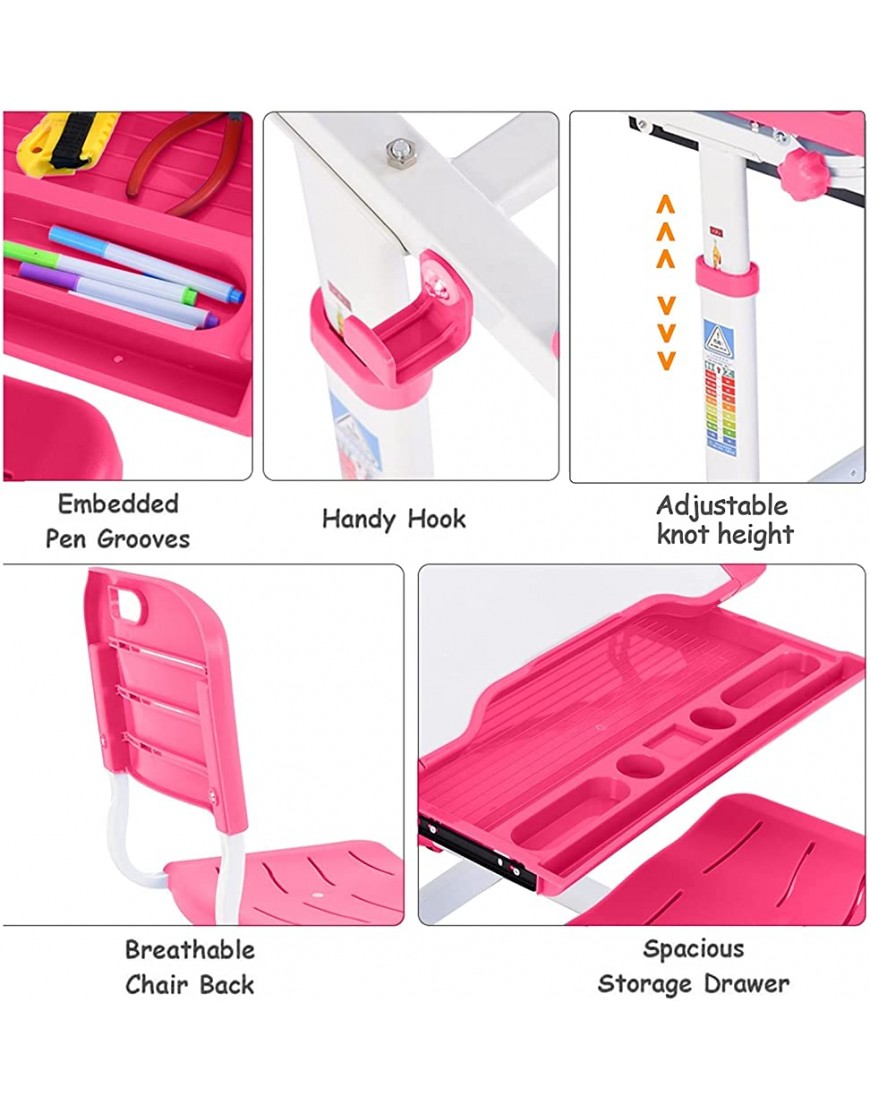 FWBNUIF Multifunctional Height-Adjustable Kid' Study Desk and Study Chair Set with Storage Drawer Study Desk Painting Desk Pink One Size - BARN2W8II