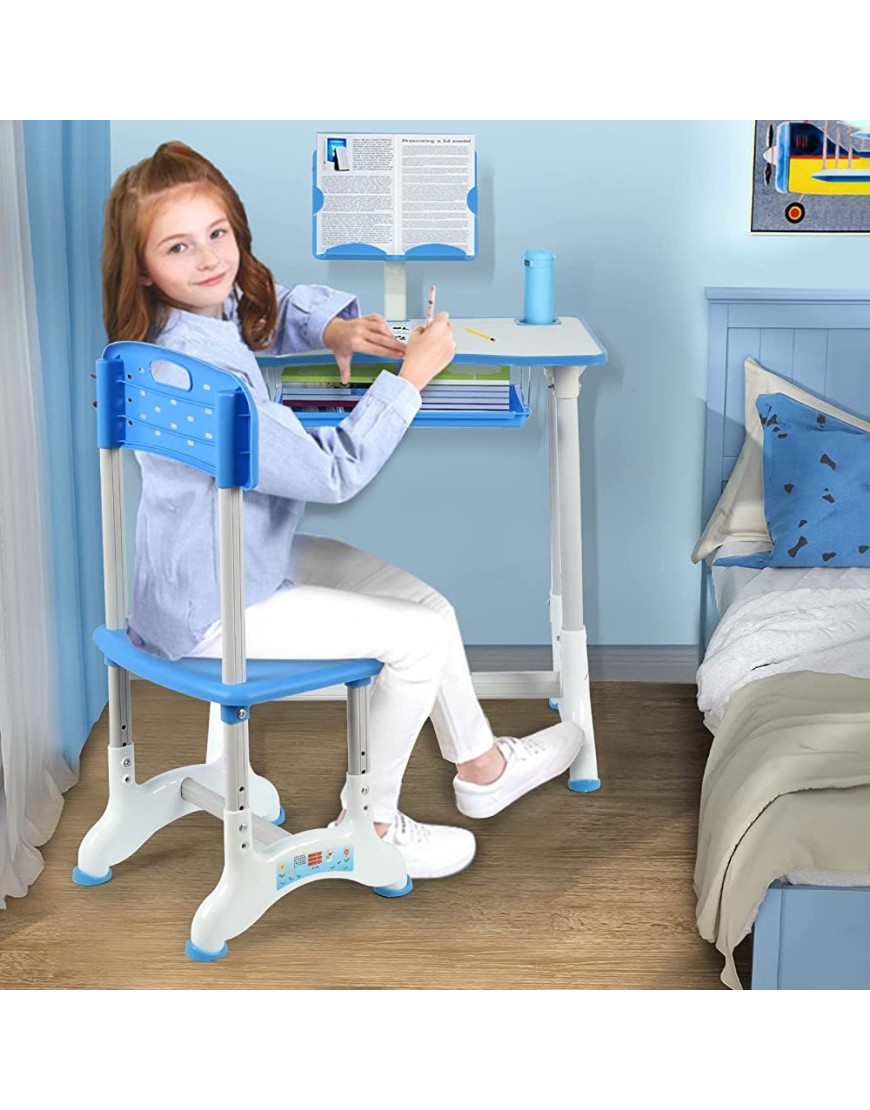 Kenxen Children Desk and Chair Set Height Adjustable Kids Study Desk with Desktop & LED Light & Bookstand and Storage Drawer for Boys Girls Blue Pink Blue - B5Q40C4AZ
