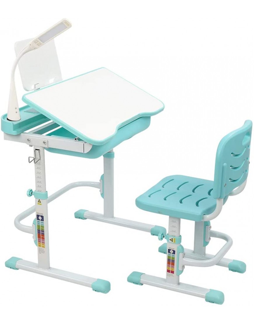 Kid Height Adjustable Study Table and Chair Set Childs Desk w Lamp School Student Writing Desk w Pull Out Drawer Organizer Bookstand Blue-Green - BLPCFBFA4
