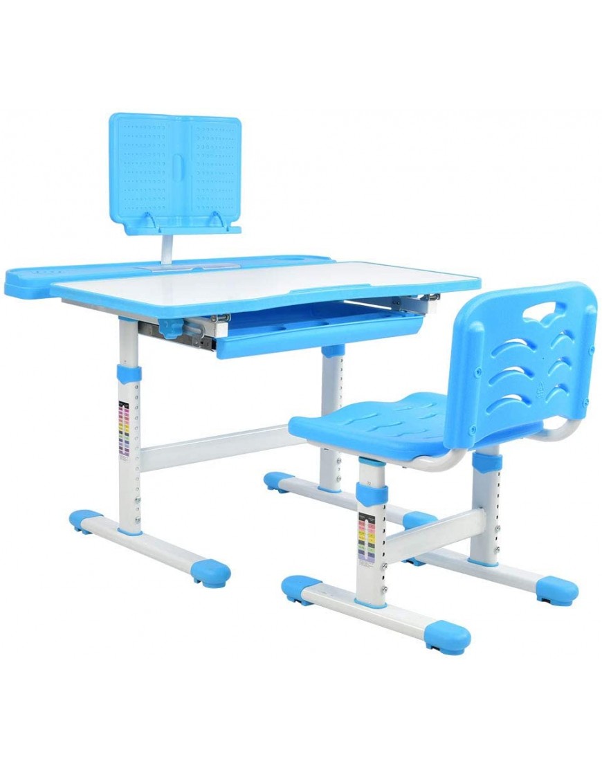 Kids Desk and Chair Set Adjustable Ergonomic Children's Study Writing Table and Chair Kit School Interactive Workstation with Tilt Desktop Bookstand and Storage Drawer for Girl Boy Student Blue - BIDCDRJSN
