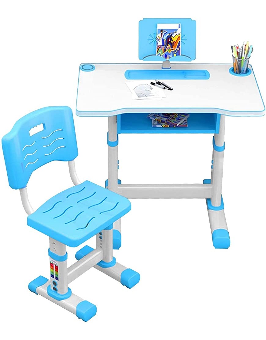 Kids Desk and Chair Set Height Adjustable Children Study Table with The Desktop Has Embedded Pen Blue One Size - BM3TQF8LN