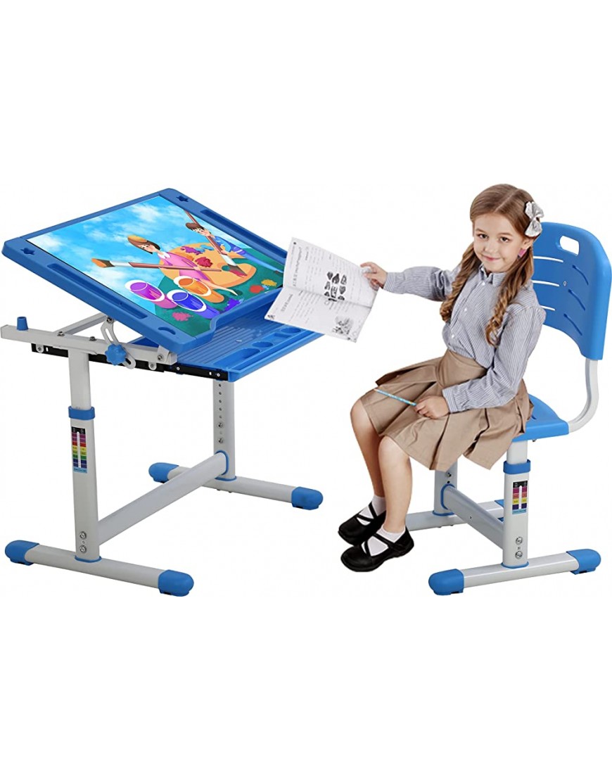 Kids Desk and Chair Set Height Adjustable Childrens Desk Ergonomic Student Study Table Study Table Workstation w Metal Hook for Schoolbag & Drawers Storage for School Students Blue - BZZDTZL96