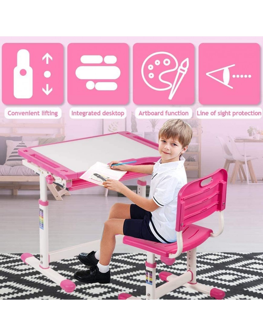Kids Desk and Chair Set Height Adjustable Study Table Workstation Ergonomic Student Study Kid Table w Tilting Desktop & Drawers Storage Durable Double-Side Seat Back for School Students Pink - BDICGIQ00