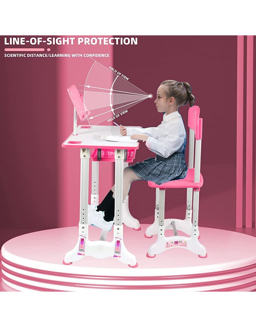 Kids Study Desk with LED Light Kids Desk and Chair Set | Height Adjustable Children Desk and Chair Set with Storage Drawer Bookstand Pink - BI0H697BJ