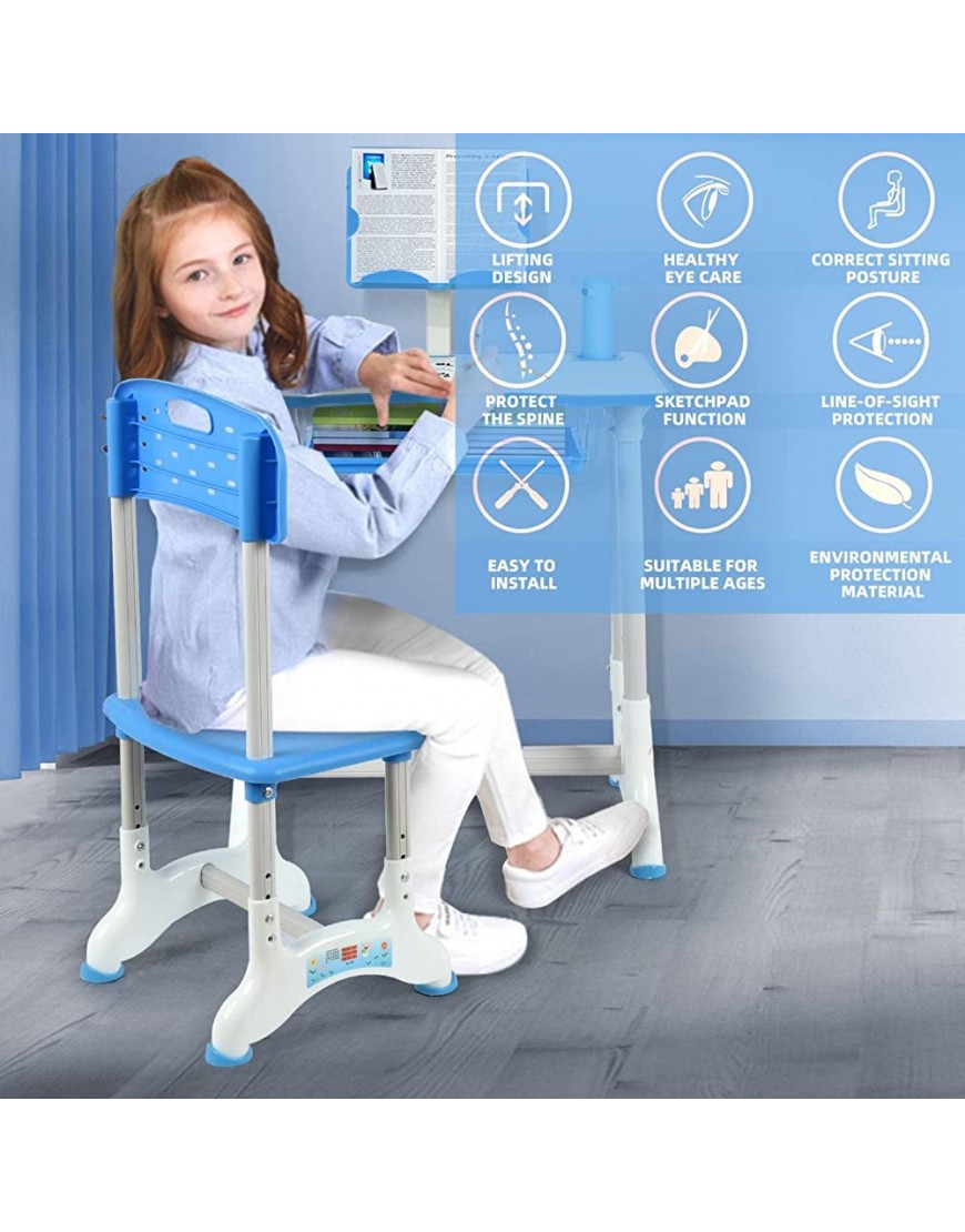 PUTEARDAT School desks for Kids Height Adjustable Toddler Table Ages 8-12 23inch Kids Desk Chair w led Light&Drawer Storage Girls Desk and Chair Set Blue - B5S20NQIP