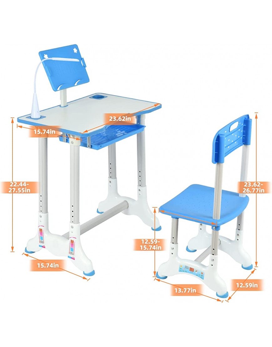 PUTEARDAT School desks for Kids Height Adjustable Toddler Table Ages 8-12 23inch Kids Desk Chair w led Light&Drawer Storage Girls Desk and Chair Set Blue - B5S20NQIP
