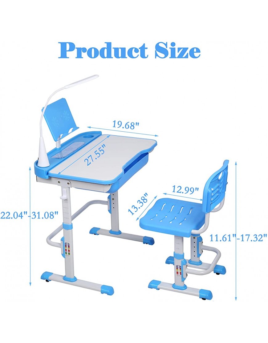 SMAGREHO Kids Desk and Chair Set Height Adjustable Child's School Study Writing Tables with Tilt Desktop LED Light Storage Drawer Book Stand Blue - BR8SUCN9M