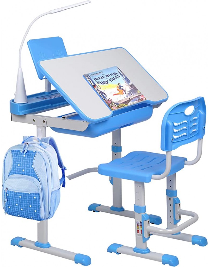 SMAGREHO Kids Desk and Chair Set Height Adjustable Child's School Study Writing Tables with Tilt Desktop LED Light Storage Drawer Book Stand Blue - BR8SUCN9M