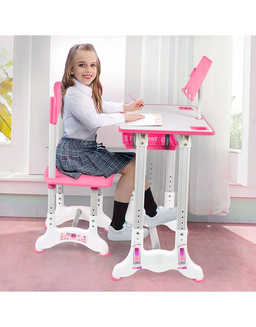 Xinqinghao Kids Study Desk with LED Light & Drawers Kids Desk and Chair Set Height Adjustable Children Desk and Chair Set with Bookstand for Student Writing Workstation Pink - BPU3R81DJ