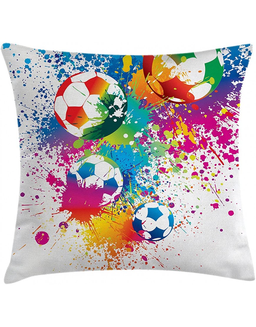 Ambesonne Soccer Throw Pillow Cushion Cover Colored Splashes All Over Soccer Balls Score World Cup Championship Athletic Decorative Square Accent Pillow Case 18" X 18" Blue White - B6UW78CIR