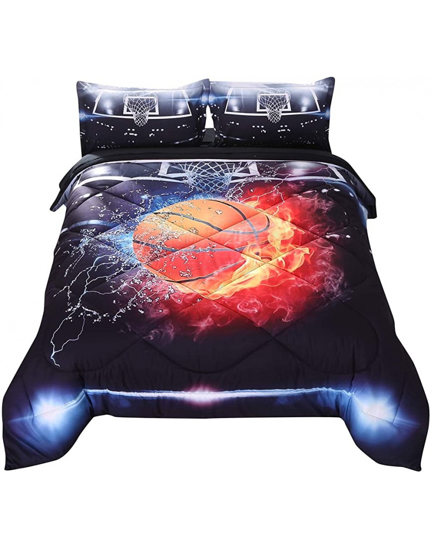 Wowelife Basketball Bedding 3D Basketball Comforter Set Queen Fire Black Pattern 5 Pieces with Comforter Flat Sheet Fitted Sheet and 2 Pillow CasesRed Basketball Queen - BZMZOXXQX