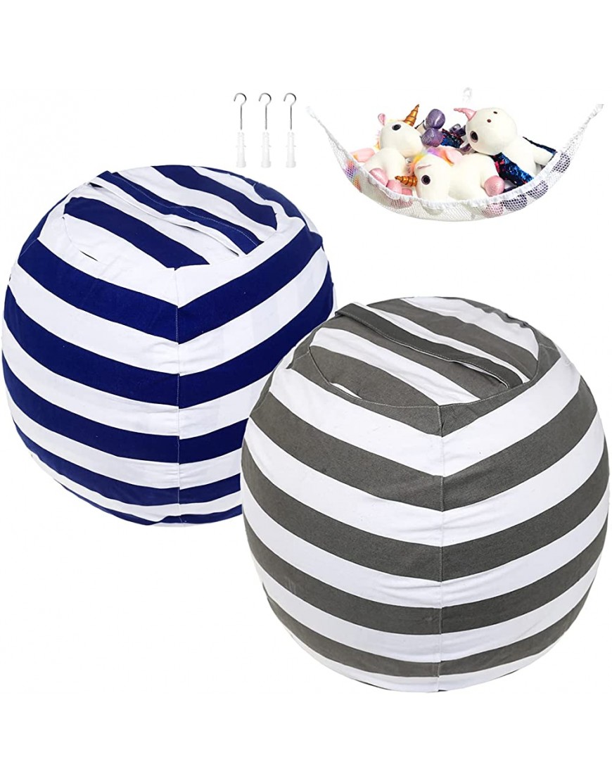2-Pack Stuffed Animal Storage Beanbag Cover 24 for Kids Room DIY Bean Bag Chair Covers Only with a Stuffed Animal Storage Hammock Grey Blue White Stripes - BXPCHP1M4