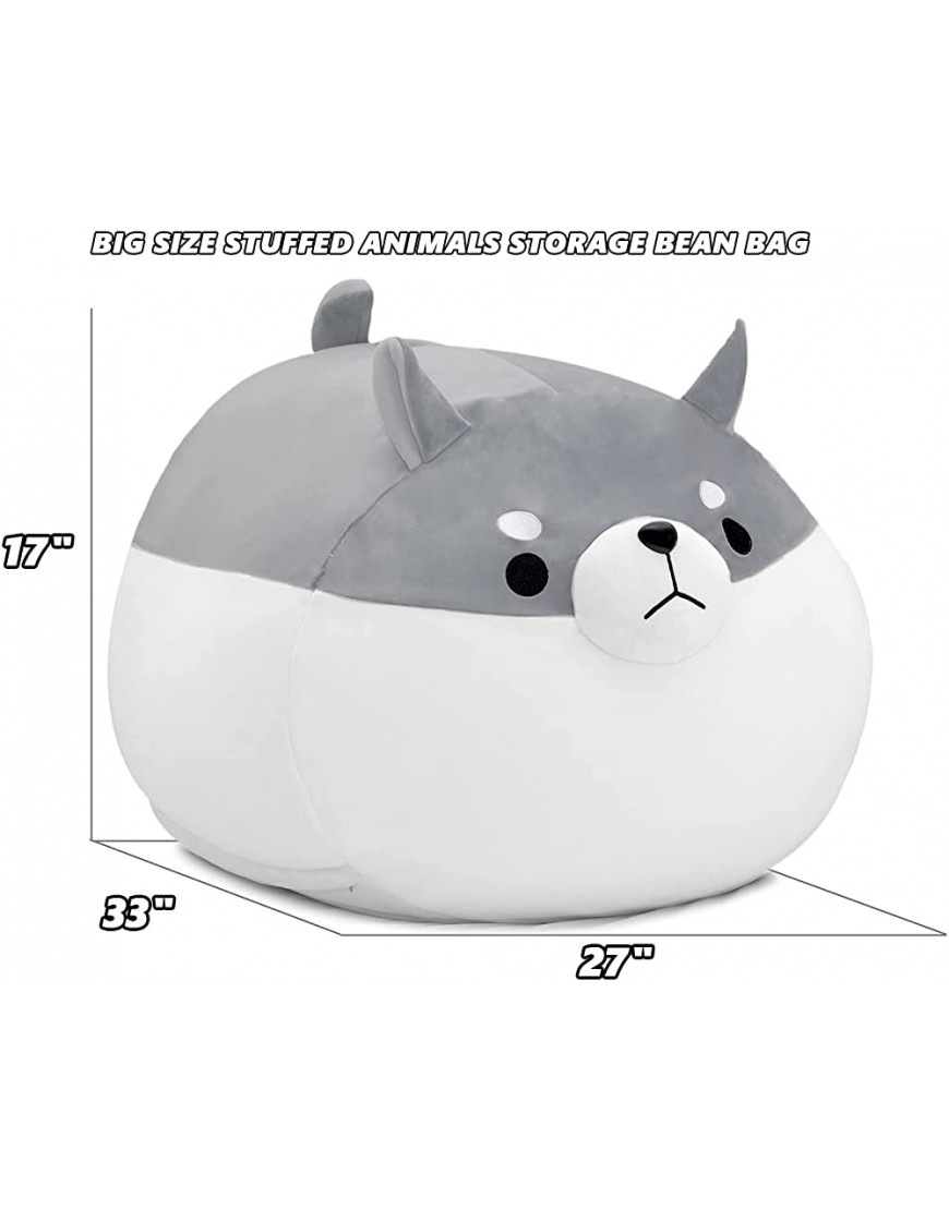 CUEBEAR Stuffed Animal Storage Bean Bag Chair Cover for Kids Grey Shiba Inu Dog Bean Bag Chair for Girls Large Size Toy Organizer Cover Only Without Filling - B2G6QD42B