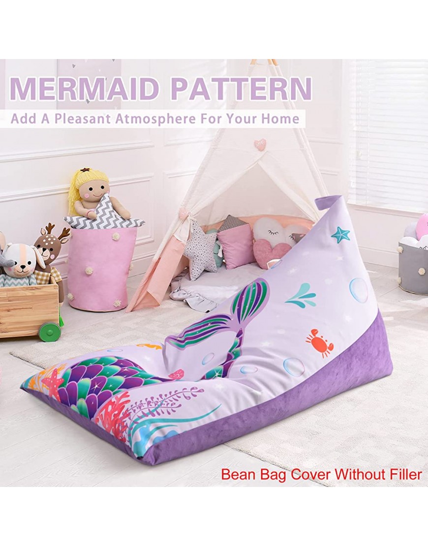 Mermaid Stuffed Animal Storage Double Sided Bean Bag Chair Cover Only Canvas Velvet Toys Organizer Holder Beanbag Seats for Kids Girls Lounge Living Room Bedroom Accessories Without Filling - BHMW4S2TW