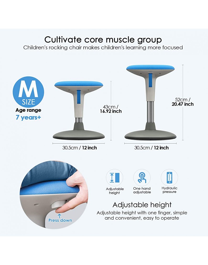 Wobble Stool for Kids Flexible Classroom & Home Seating Kids’ Chair Flexible Seating Wiggle Chairs 360 Degree Movement Helps ADD ADHD Corrects Posture 17-21'' Blue - BBSCS850Y