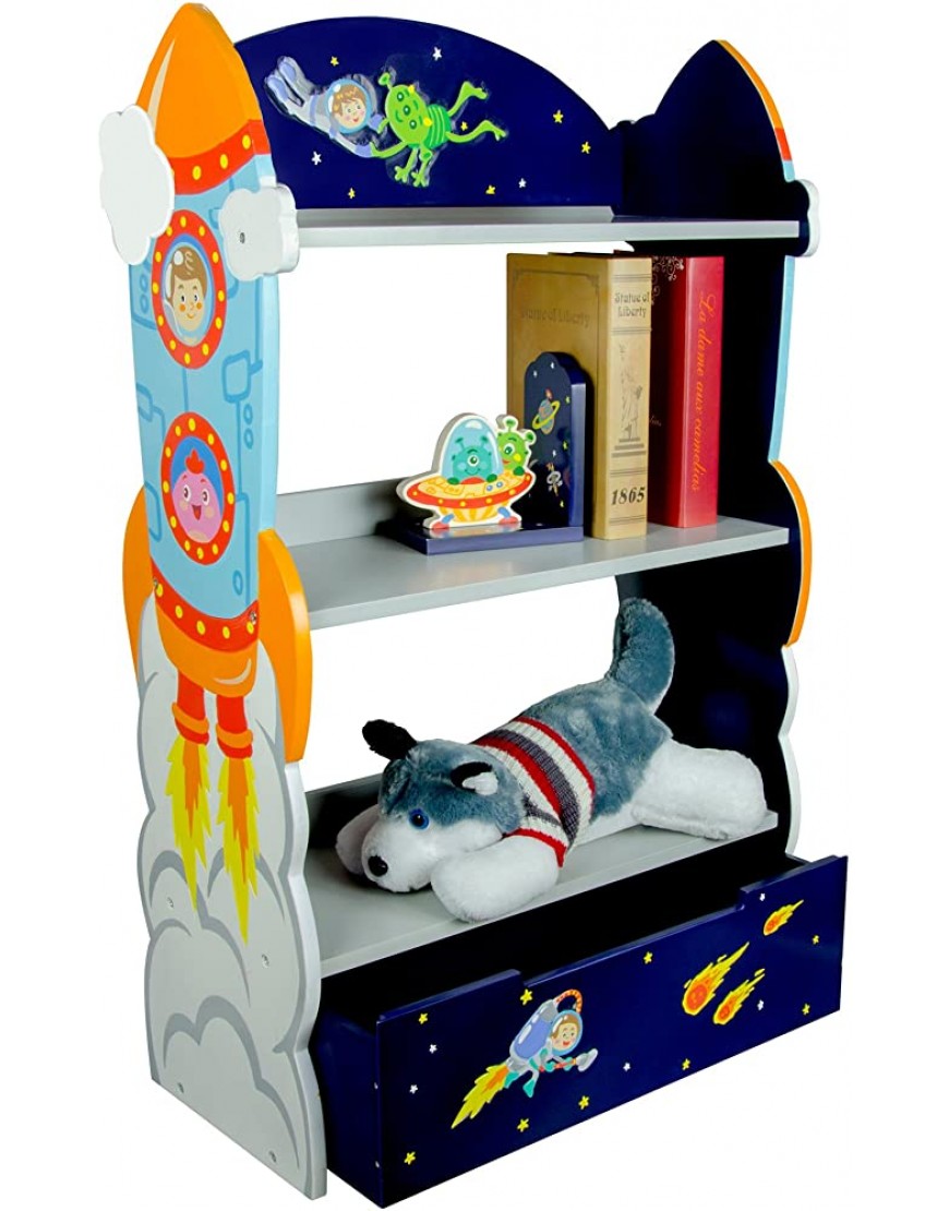 Fantasy Fields Outer Space Thematic Sturdy Wooden Kids Bookshelf with Hand Crafted Designs 3-Tier Shelf Bookcase and Toy Storage Drawer Blue - BZBE7PE5P
