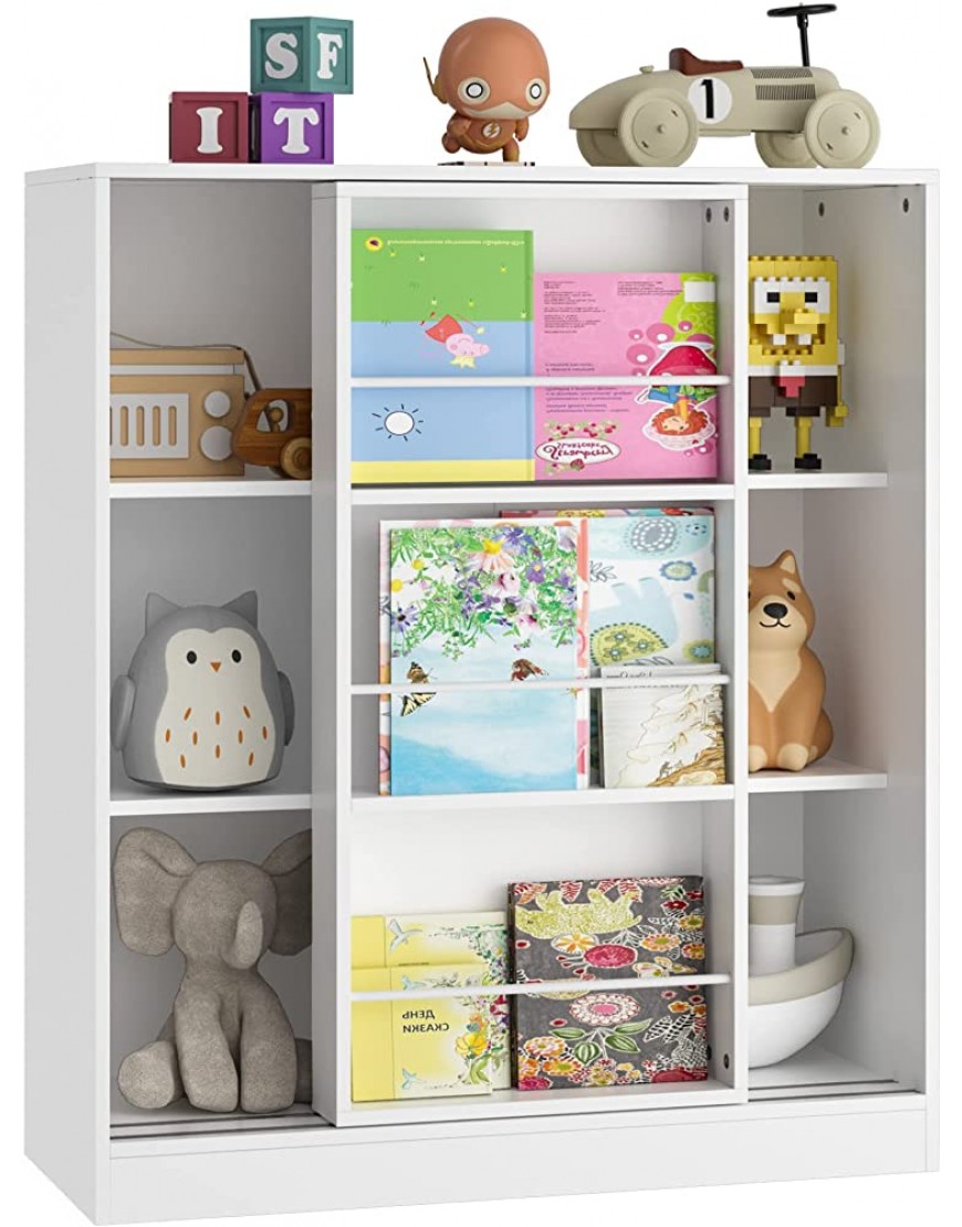 FOTOSOK Kids Bookcase with Sliding Shelf 3 Tier Book Shelf Toy Organizer Storage Cabinet Free Stranding Display Storage Bookshelf for Bedroom Living Room White - B37TK4VCB