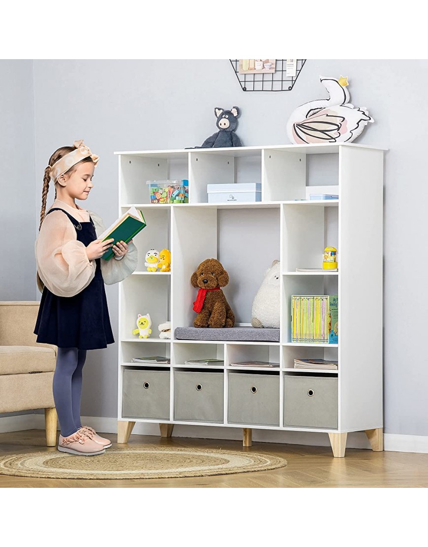 HOMCOM 47 Kids Reading Nook Organizer Freestanding 15-Cubby Bookcase Storage Cabinet with Cushioned Seat for Toys Books Clothes White - BUBVVTA7L