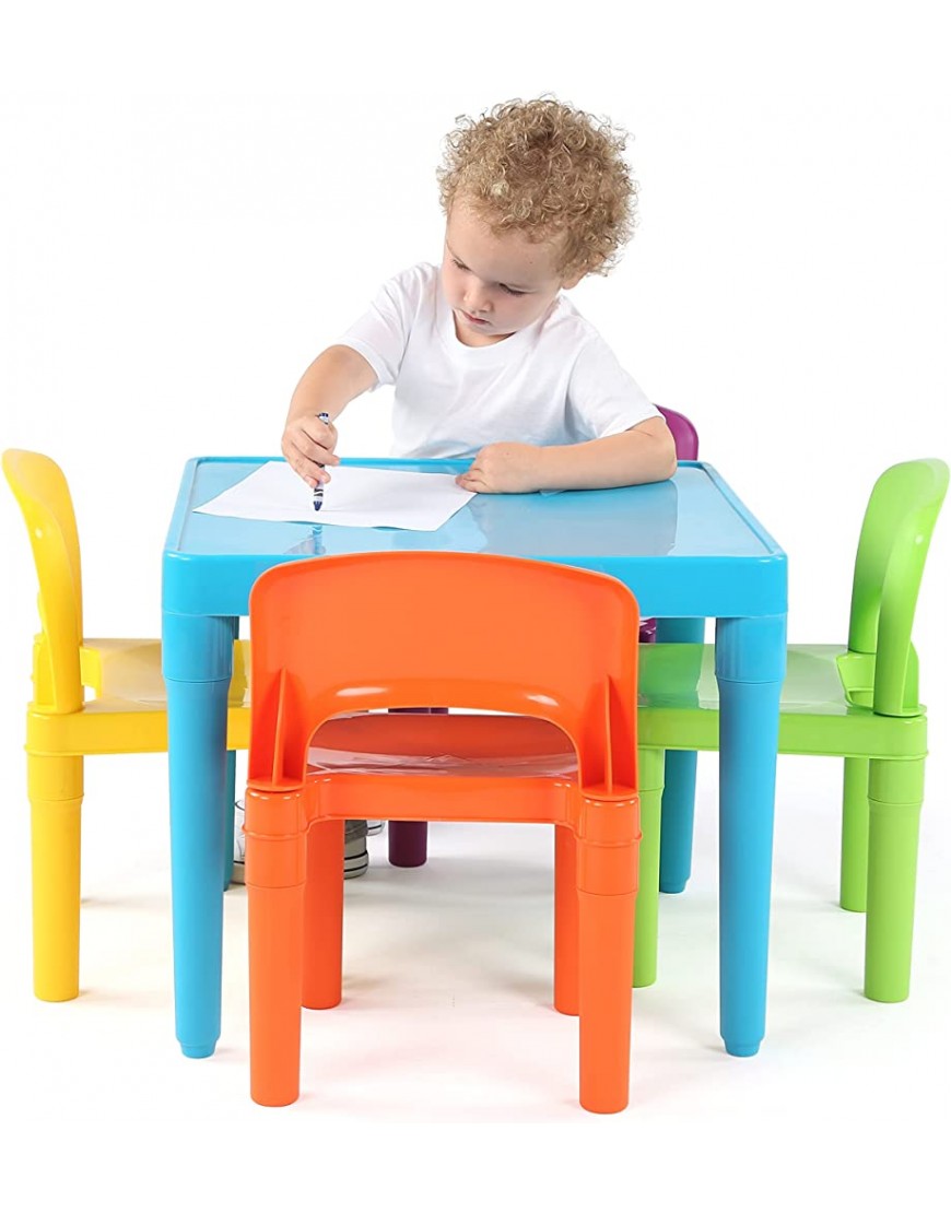 Humble Crew Blue Table & Red Green Yellow Purple Kids Lightweight Plastic Table and 4 Chairs Set Square & Kids Book Rack Storage Bookshelf 4 Tiers Wood Toddler Natural Primary - BBPOREKQF